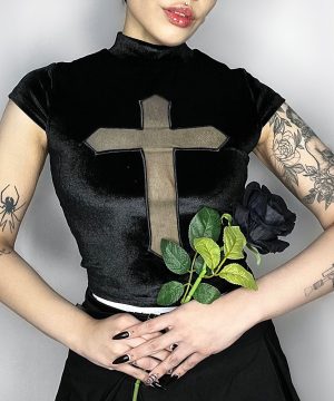 Gothic Cross Mesh Splice Samthemd für Damen - Gothic Shop