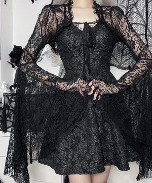 Gothic-Cape mit ausgestellten Ärmeln und Schnürung für Damen - Gothic Shop