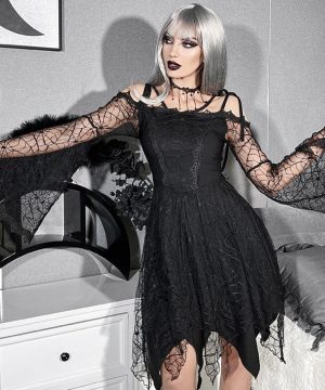 Gothic-Spitzenkleid mit ausgestellten Ärmeln und Spinnennetz für Damen - Gothic Shop