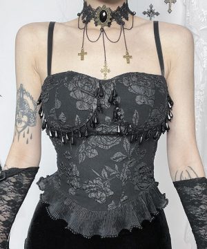 Damen-Tanktop mit Gothic-Blumenprägung und Perlen - Gothic Shop