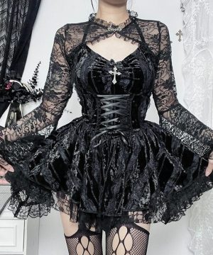 Damen-Gothic-Slipkleid aus Samt mit Neckholder und Schnürung - Gothic Shop
