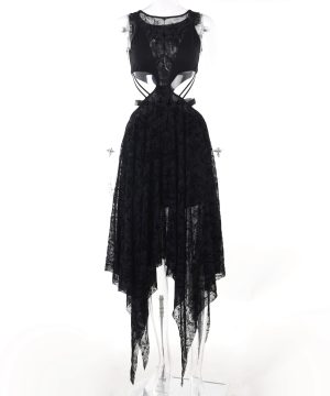 Damen-Gothic-Kleid mit unregelmäßigem Ausschnitt und beflocktem Netzstoff - Gothic Shop