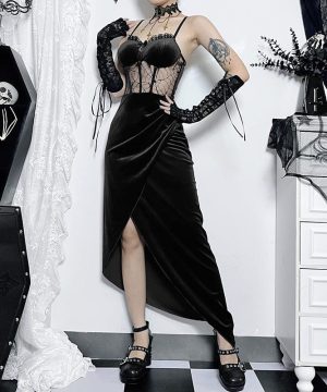 Damen-Slipkleid aus Samt mit unregelmäßigem Saum im Gothic-Stil - Gothic Shop