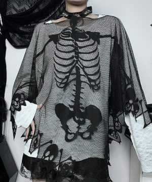Gothic-Umhang aus Netzstoff mit unregelmäßigem Totenkopf-Print für Damen - Gothic Shop