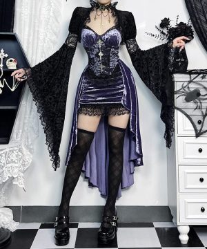 Damen-Gothic-Kleid mit Spitze und unregelmäßigem Saum - Gothic Shop