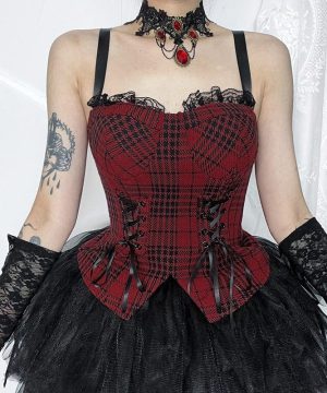 Damen-Tanktop im Gothic-Stil mit Spitzenspleiß und geteiltem Karomuster - Gothic Shop