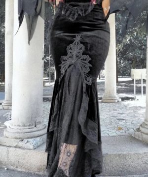 Gothic-Fischschwanzrock aus Samt mit Spitzenspleißen für Damen - Gothic Shop