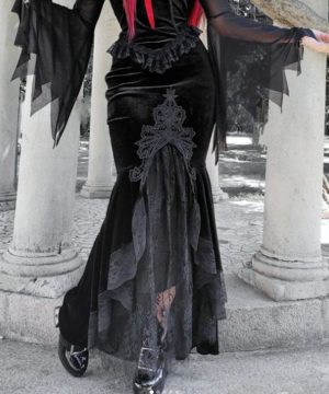 Gothic-Fischschwanzrock aus Samt mit Spitzenspleißen für Damen - Gothic Shop