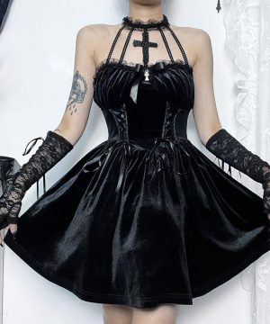 Damen-Gothic-Schnürkleid aus Samt mit Neckholder - Gothic Shop