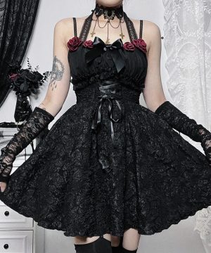 Kurzes Gothic-Kleid mit Jacquard-Splice-Schnürung für Damen - Gothic Shop