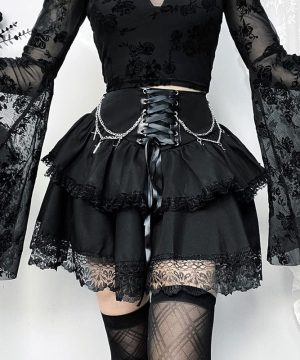 Damen-Gothic-Schnürrock mit Spitzensaum und Kette - Gothic Shop