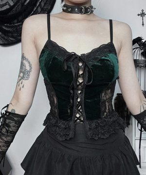 Damen-Gothic-Tanktop aus Samt mit Schnürung und Spitzenspleiß - Gothic Shop