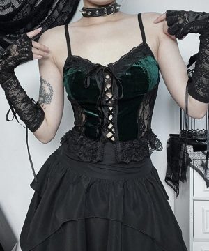 Damen-Gothic-Tanktop aus Samt mit Schnürung und Spitzenspleiß - Gothic Shop