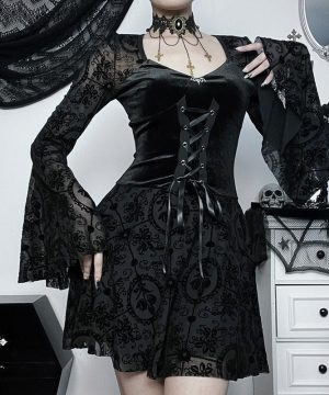 Damen-Gothic-Kleid mit Schnürsenkeln und langen Ärmeln aus Samt - Gothic Shop