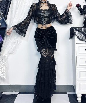 Gothic-Fischschwanzrock aus mehrlagigem Spitzenspleiß-Samt für Damen - Gothic Shop