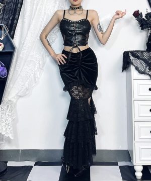 Gothic-Fischschwanzrock aus mehrlagigem Spitzenspleiß-Samt für Damen - Gothic Shop