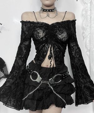 Schulterfreies Gothic-Top mit Kordelzug und Spitze für Damen - Gothic Shop