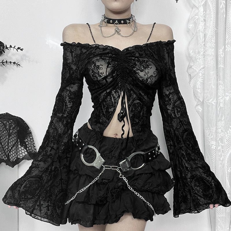 Schulterfreies Gothic-Top mit Kordelzug und Spitze für Damen - Gothic Shop