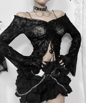 Schulterfreies Gothic-Top mit Kordelzug und Spitze für Damen - Gothic Shop