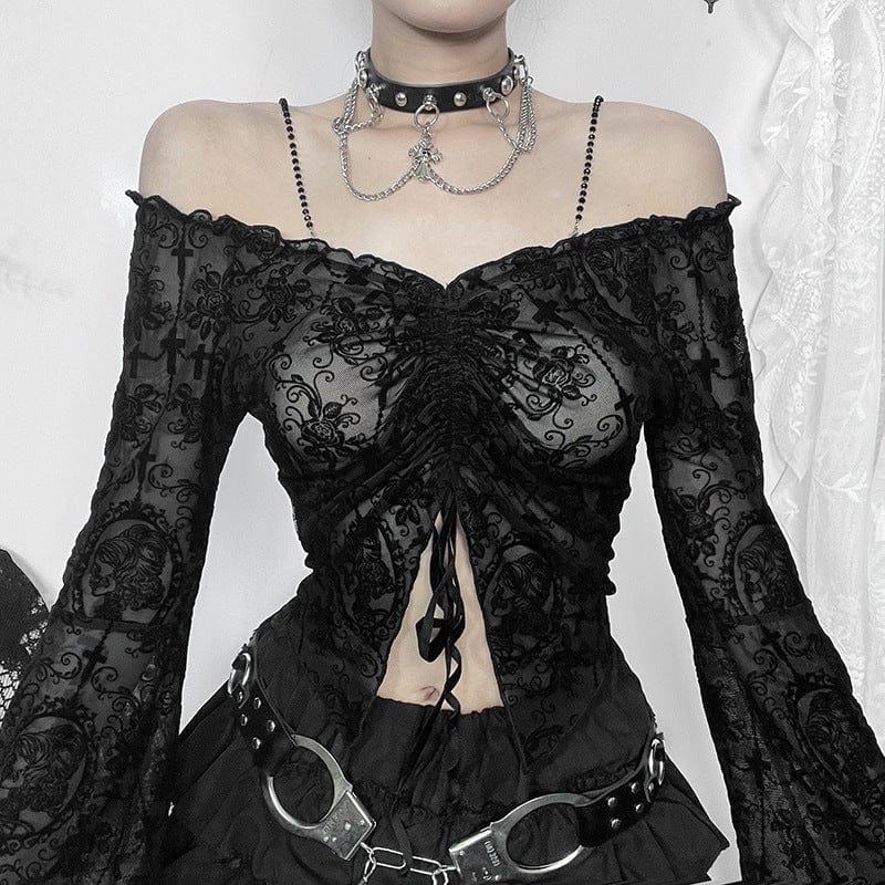 Schulterfreies Gothic-Top mit Kordelzug und Spitze für Damen - Gothic Shop