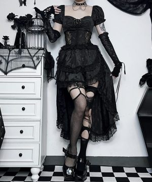 Damen-Gothic-Hemd mit Puffärmeln und Spitzensaum - Gothic Shop