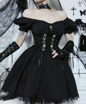 Drapiertes Kleid mit Gothic-Rosenstickerei für Damen - Gothic Shop