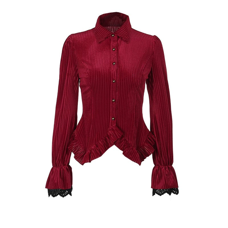 Langärmliges Gothic-Hemd aus geripptem Samt mit Rüschen in Rot für Damen - Gothic Shop