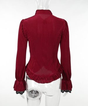 Langärmliges Gothic-Hemd aus geripptem Samt mit Rüschen in Rot für Damen - Gothic Shop