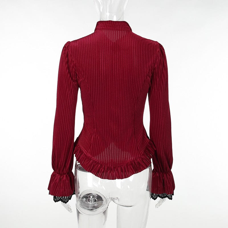 Langärmliges Gothic-Hemd aus geripptem Samt mit Rüschen in Rot für Damen - Gothic Shop
