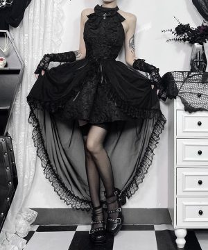 Damen-Gothic-Rock mit Rüschen und durchsichtigem hohem/niedrigem Rock - Gothic Shop