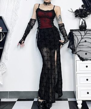 Halbtransparenter, geteilter Maxi-Mesh-Rock für Damen im Gothic-Stil - Gothic Shop
