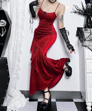 Damen-Gothic-Maxikleid mit schmaler Passform und Fischschwanz - Gothic Shop