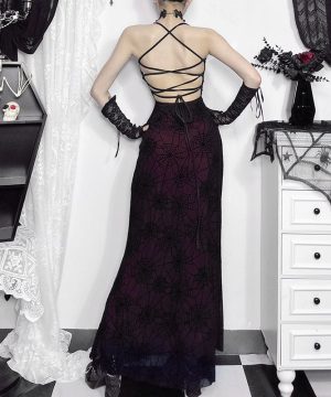 Gothic-Spinnennetz-Halloween-Slipkleid mit Schnürung für Damen - Gothic Shop