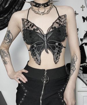 Gothic-Bustier für Damen mit Riemchen und Schmetterlingsstickerei - Gothic Shop
