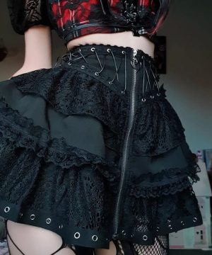 Damen-Gothic-Trägerrock mit Spitzenspleißen - Gothic Shop