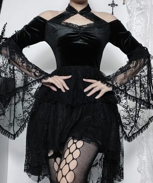Damen-Gothic-Kleid aus Spitzensamt mit Trompetenärmeln - Gothic Shop