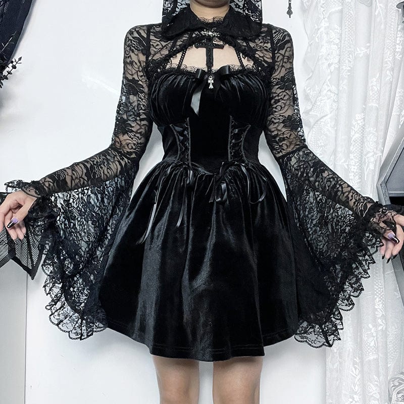 Damen-Umhang aus transparenter Spitze mit Trompetenärmeln und Kapuze im Gothic-Stil - Gothic Shop