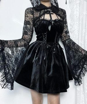 Damen-Umhang aus transparenter Spitze mit Trompetenärmeln und Kapuze im Gothic-Stil - Gothic Shop