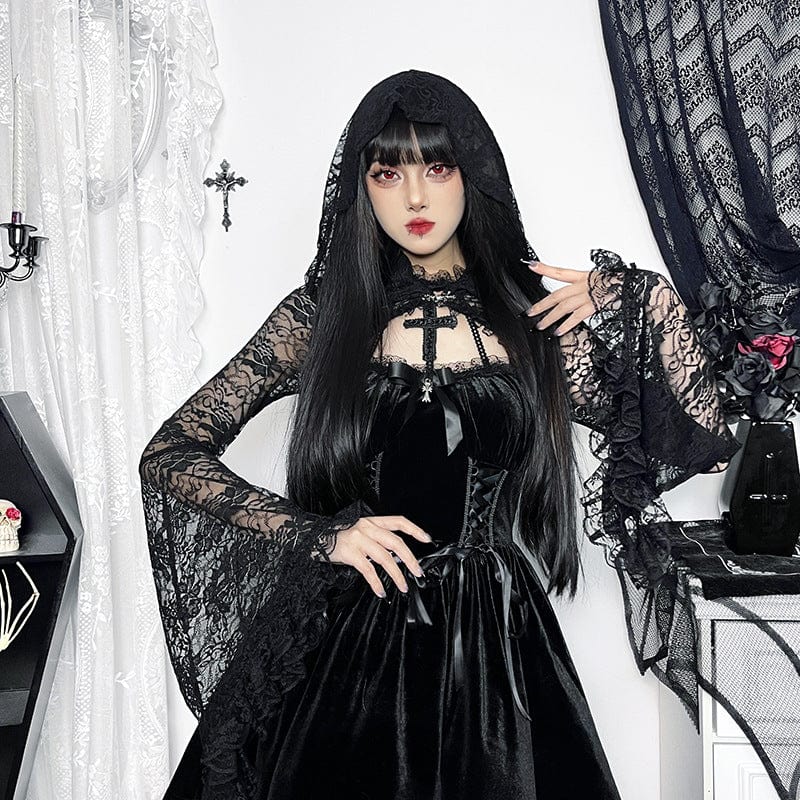 Damen-Umhang aus transparenter Spitze mit Trompetenärmeln und Kapuze im Gothic-Stil - Gothic Shop