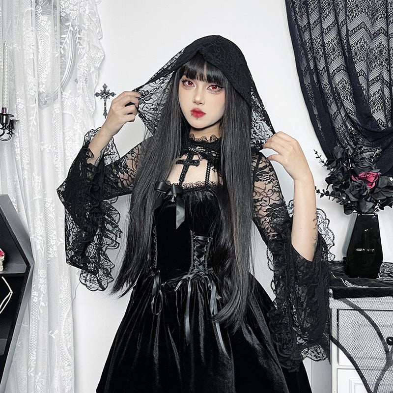 Damen-Umhang aus transparenter Spitze mit Trompetenärmeln und Kapuze im Gothic-Stil - Gothic Shop