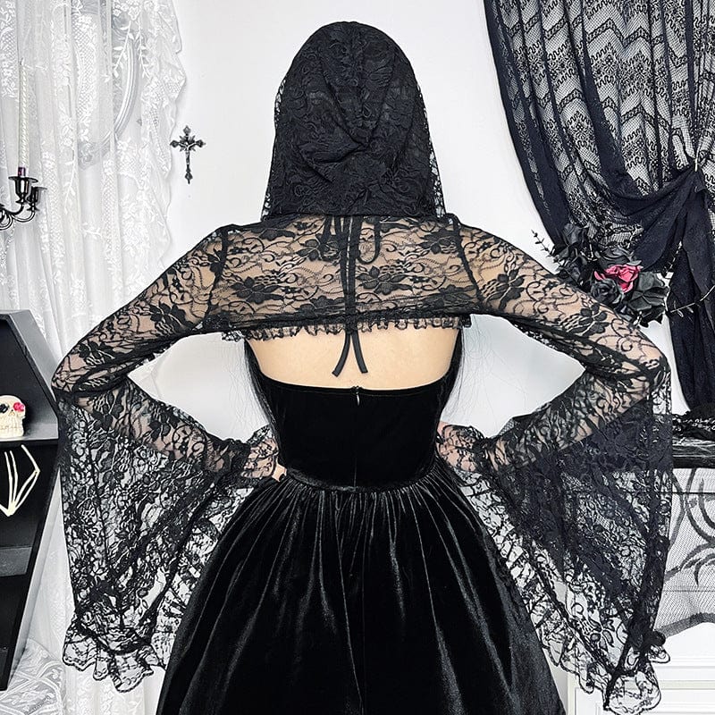 Damen-Umhang aus transparenter Spitze mit Trompetenärmeln und Kapuze im Gothic-Stil - Gothic Shop