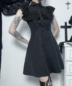 Damen-Gothic-Kleid mit Umlegekragen und Rüschen - Gothic Shop