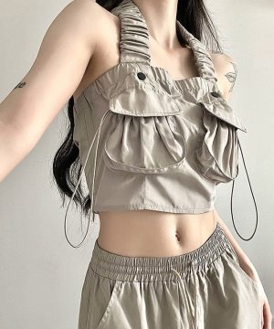 Damen-Tanktop im Grunge-Stil mit großen Taschen, Kordelzug und Neckholder - Gothic Shop