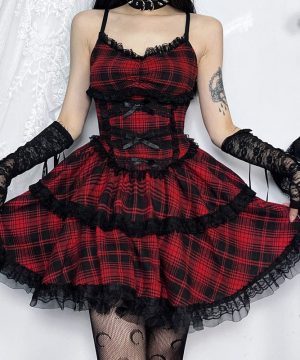 Damen-Trägerkleid im Grunge-Stil mit Schleife und mehrlagigem Karomuster - Gothic Shop