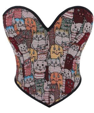 Damen-Vollbrustkorsett mit bunter Katzenstickerei im Grunge-Stil - Gothic Shop