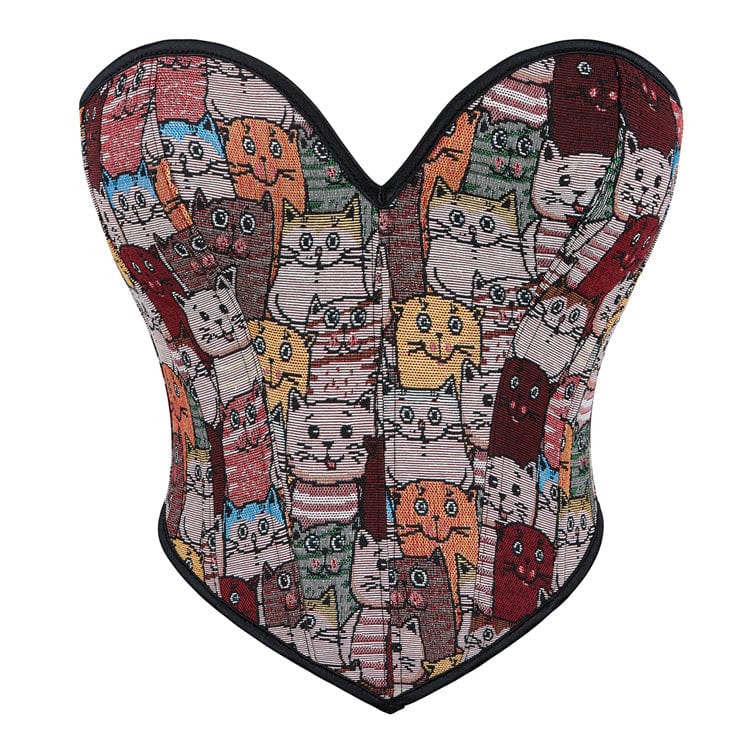 Damen-Vollbrustkorsett mit bunter Katzenstickerei im Grunge-Stil - Gothic Shop