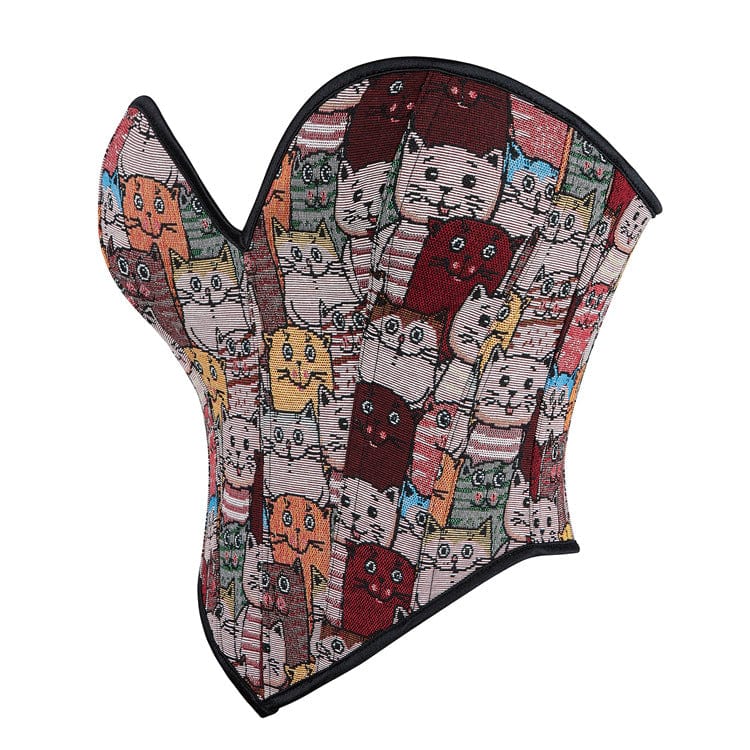 Damen-Vollbrustkorsett mit bunter Katzenstickerei im Grunge-Stil - Gothic Shop