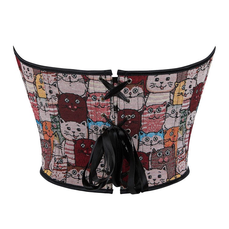Damen-Vollbrustkorsett mit bunter Katzenstickerei im Grunge-Stil - Gothic Shop