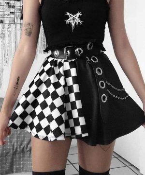Damen-Grunge-Kontrastfarben-Karoröcke (ohne Gürtel) - Gothic Shop