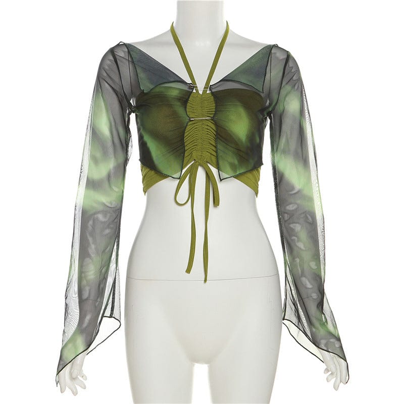 Damen-Crop-Top im Grunge-Stil mit Kordelzug und Neckholder und Mesh-Top - Gothic Shop